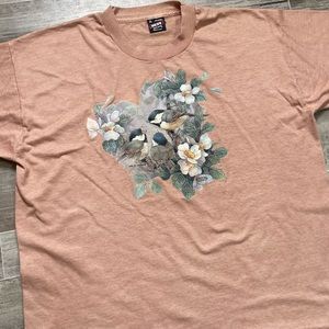 Vintage Blue Bird Flowers T Shirt Single Stitch Custom Dyed Tan